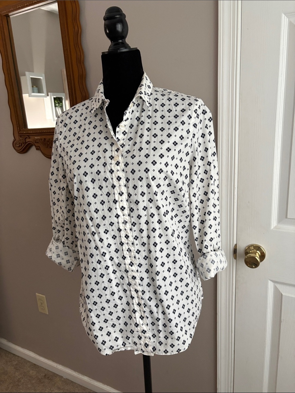 J. Crew White Button-Down Shirt with Navy Diamond Print